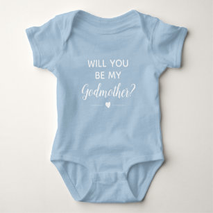 Cute Will You Be My Godmother Boy Blue with White Baby Bodysuit