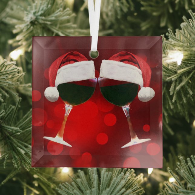 Cute Wine and Santa Hat Cheers Happy Holidays Glass Ornament (Insitu)