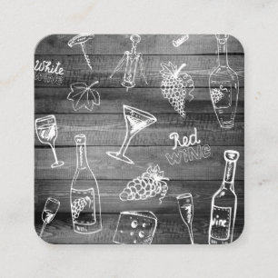 Cute Wine Illustrations and Wood Panel Black White Square Business Card