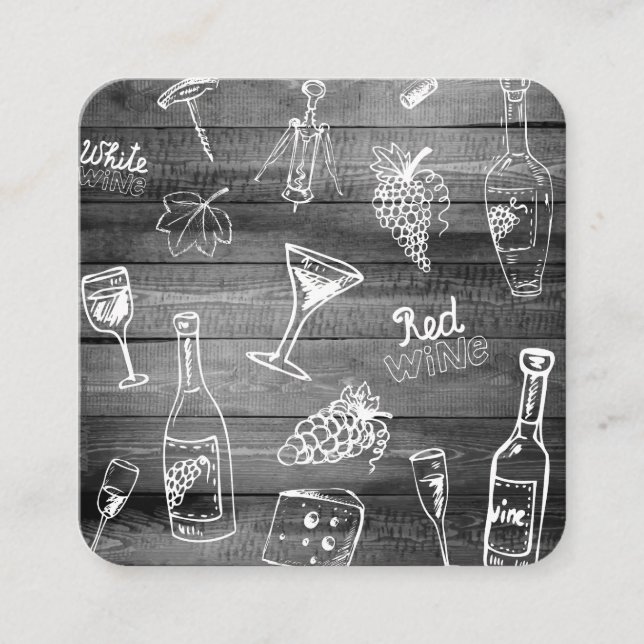 Cute Wine Illustrations and Wood Panel Black White Square Business Card (Front)