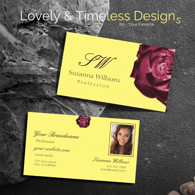 Cute Wine Red Rose Plain Yellow Initials Photo Business Card (Creator Uploaded)