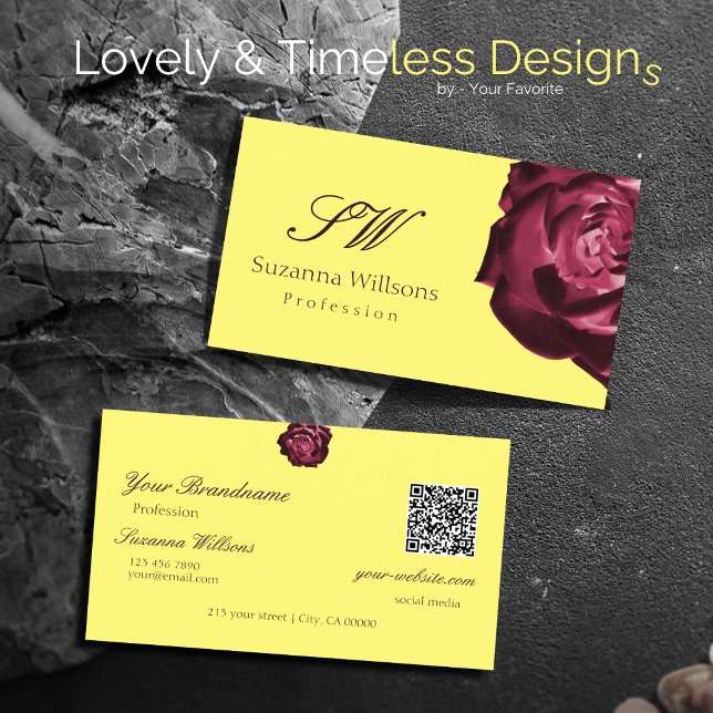 Cute Wine Red Rose Plain Yellow Initials QR Code Business Card (Creator Uploaded)