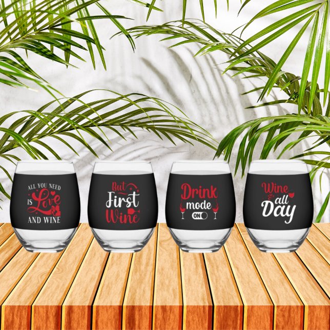 Cute Wine word art  Stemless Wine Glass (Creator Uploaded)