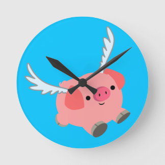 Cute Winged Cartoon Pig Round Clock