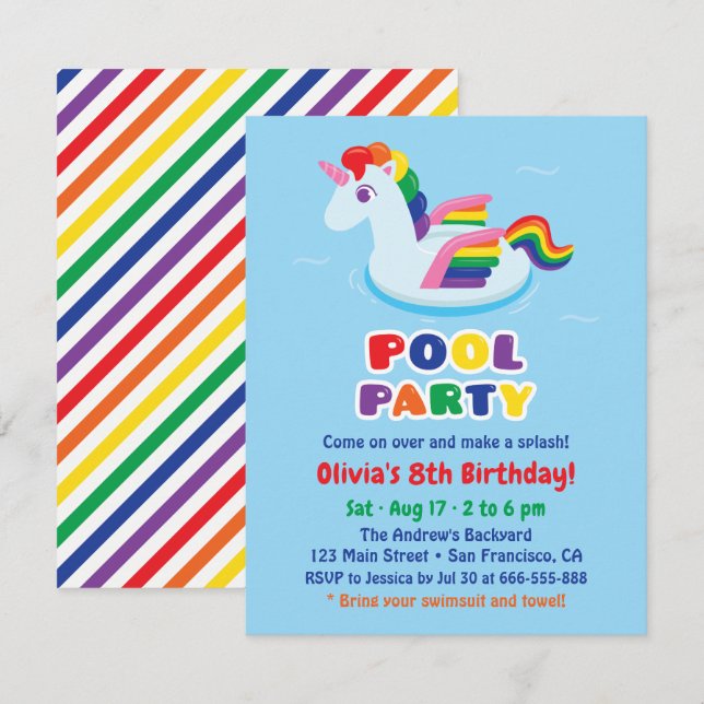 Cute Winged Unicorn Pool Float Kids Birthday Party Invitation (Front/Back)