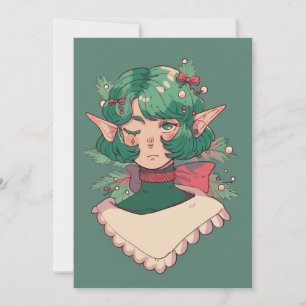 Cute Wink Christmas Holiday Season Elf Anime Girl Card