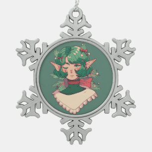 Cute Wink Christmas Holiday Season Elf Anime Girl Snowflake Pewter Christmas Ornament