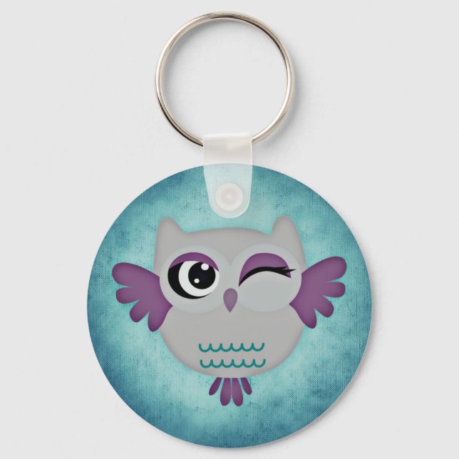 Cute winking blue owl keyring (Front)