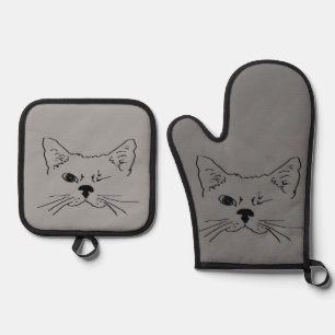 Cute Winking Cat Kitten Fun Line Drawing Art Oven Mitt & Pot Holder Set