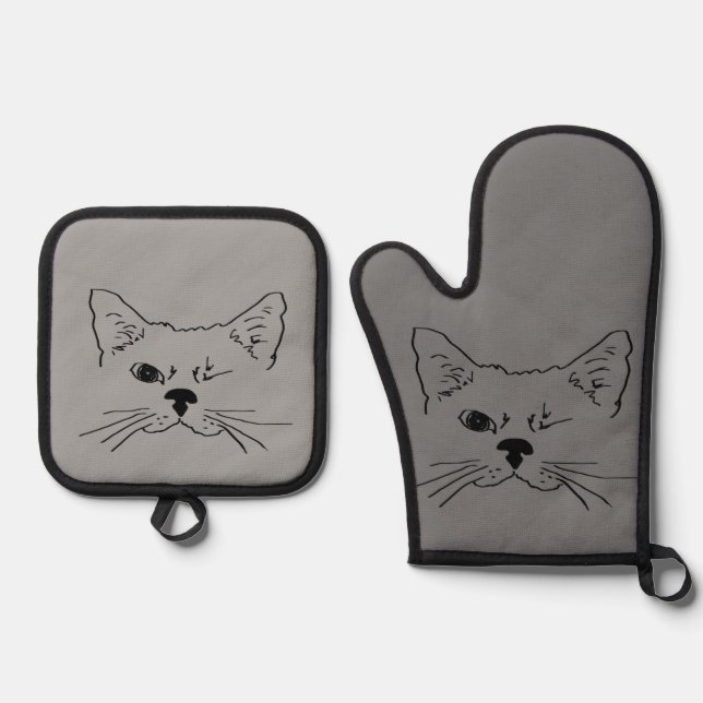 Cute Winking Cat Kitten Fun Line Drawing Art Oven Mitt & Pot Holder Set (Front)