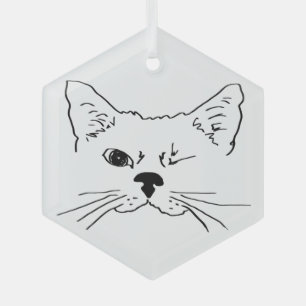 Cute Winking Cat Line Drawing Pet Animal Glass Ornament