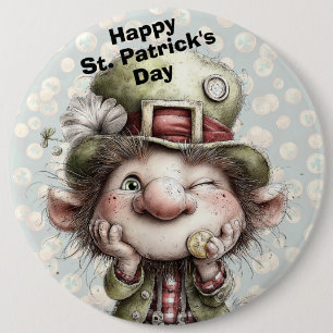 Cute Winking Leprechaun  6 Inch Round Button