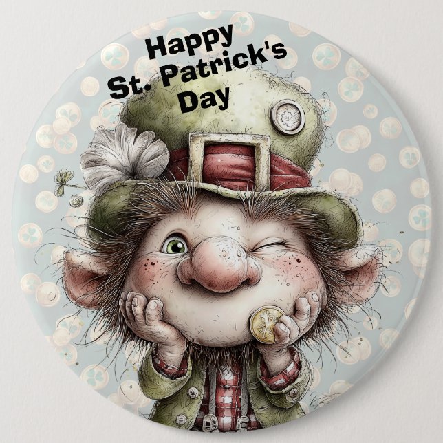 Cute Winking Leprechaun  6 Inch Round Button (Front)
