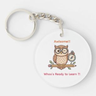 Cute Winking Owl Back to School Toon Illustration Keychain