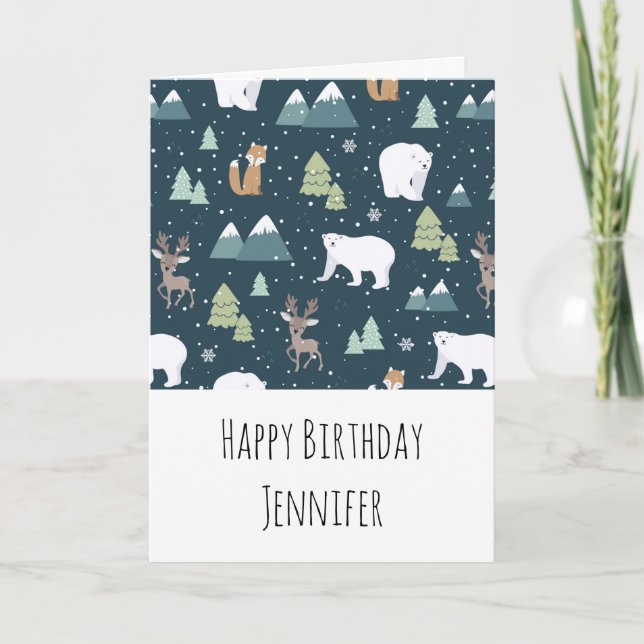 Cute Winter Animals Pattern Rustic Birthday Card (Front)