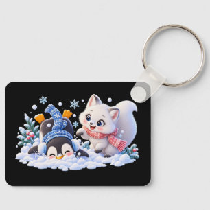 Cute Winter Arctic Fox and Penguin Playing in Snow Keychain