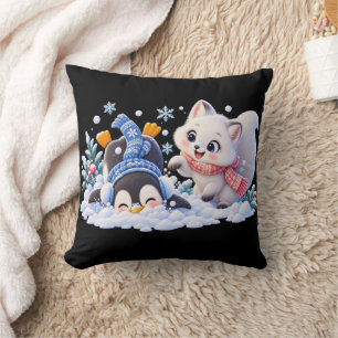 Cute Winter Arctic Fox and Penguin Playing in Snow Throw Pillow