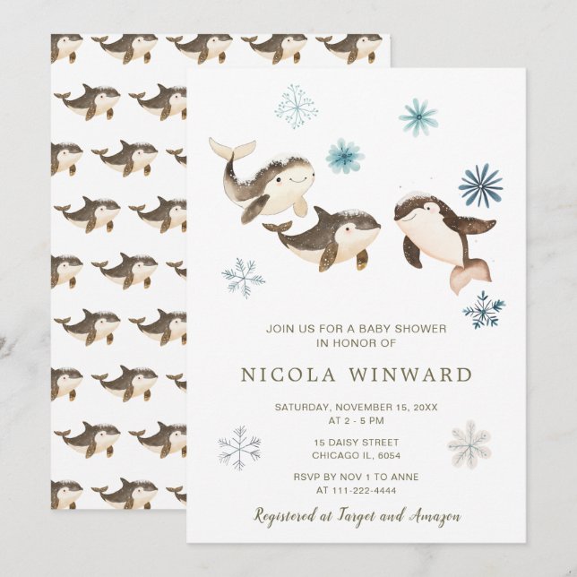 Cute Winter Arctic Whale Baby Shower Invitation (Front/Back)