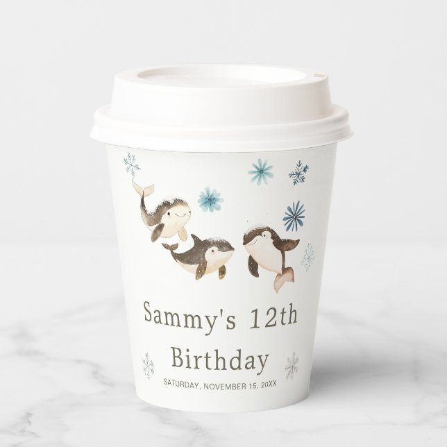 Cute Winter Arctic Whale Birthday Party Paper Cups (Front)