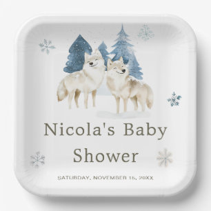 Cute Winter Arctic Wolf Baby Shower Paper Plate