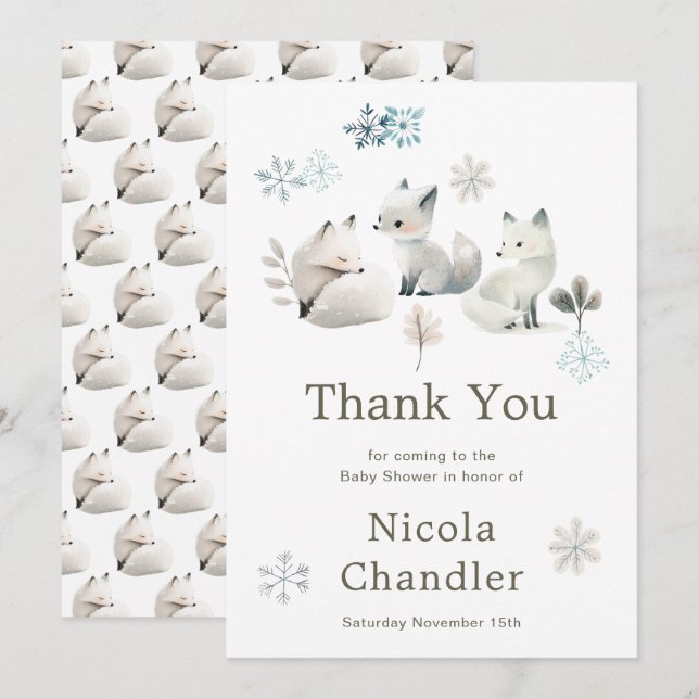 Cute Winter Arctic Wolf Baby Shower  Thank You Card (Front/Back)