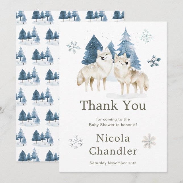 Cute Winter Arctic Wolf Baby Shower Thank You Card (Front/Back)