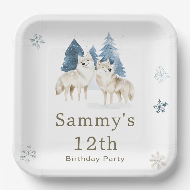 Cute Winter Arctic Wolf Birthday Party Paper Plate (Front)