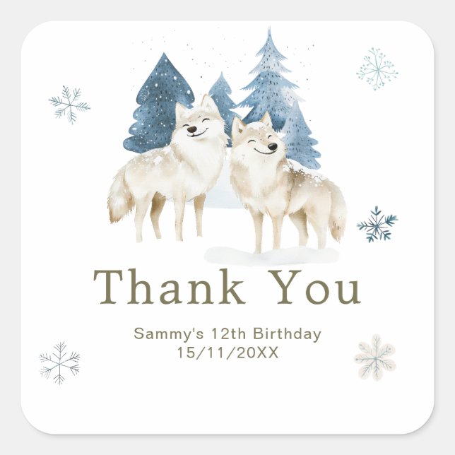 Cute Winter Arctic Wolf Birthday Party Square Sticker (Front)