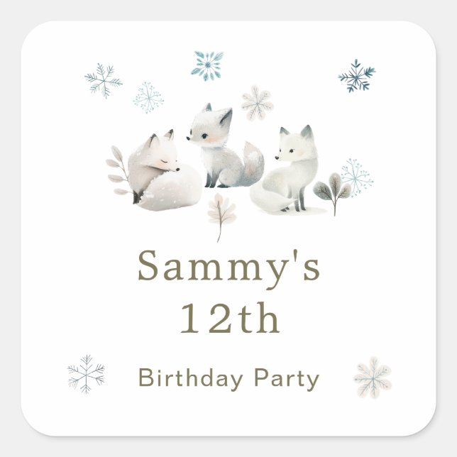 Cute Winter Arctic Wolf Birthday Party Square Sticker (Front)