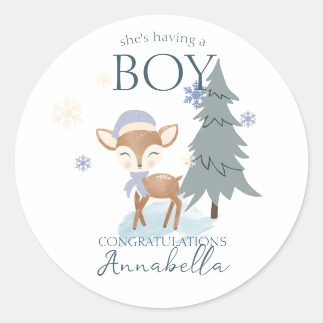 Cute Winter Baby Deer Boy Fawn Classic Round Sticker (Front)
