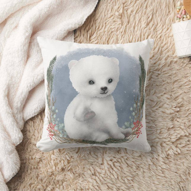 Cute Winter Baby Polar Bear Throw Pillow (Blanket)