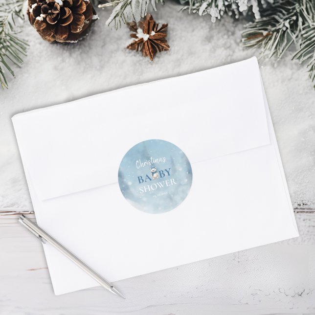 Cute Winter Bear Blue Baby Shower Classic Round Sticker (Creator Uploaded)
