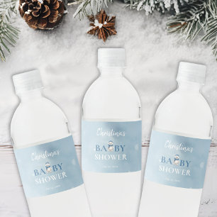 Cute Winter Bear Blue Baby Shower Water Bottle Label