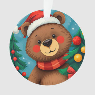 🎄 Cute Winter Bear Glow ❄️ Santa Hat Forest Ornament