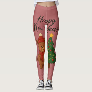 Cute Winter Bear with ChristmasTree Happy New Year Leggings