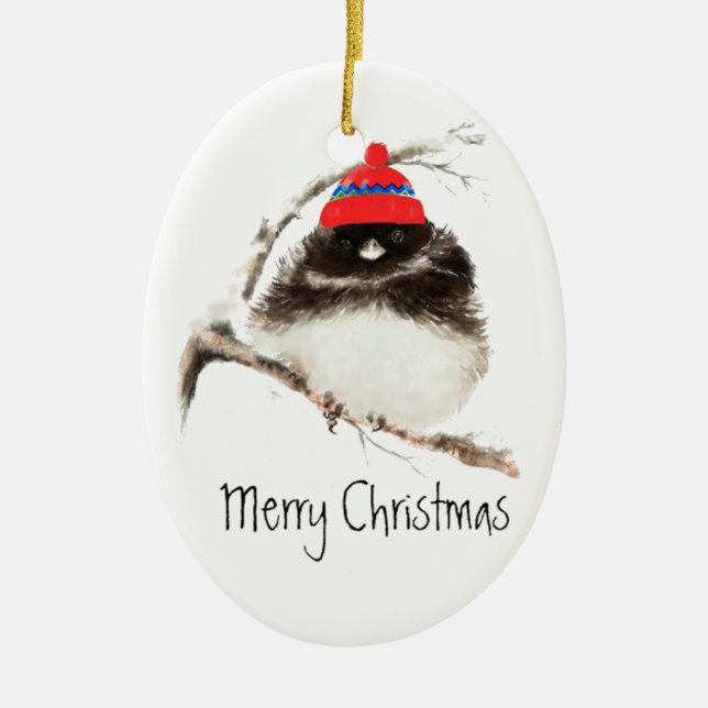 Cute Winter Bird in Hat, Christmas, Humour, Junco Ceramic Ornament (Front)