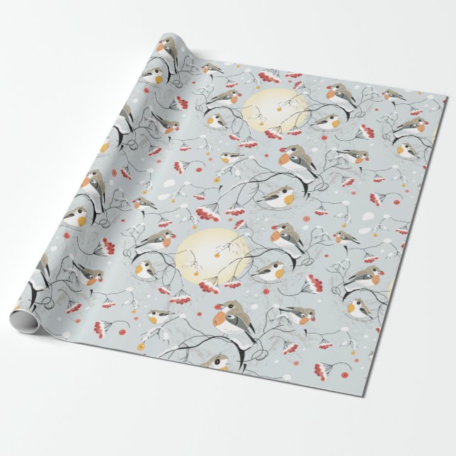 Cute Winter Birds Wrapping Paper (Unrolled)