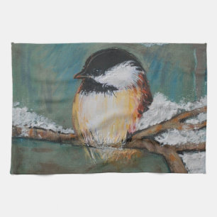 Cute Winter Black Capped Chickadee Bird Kitchen Towel
