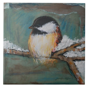 Cute Winter Black Capped Chickadee Small Tile
