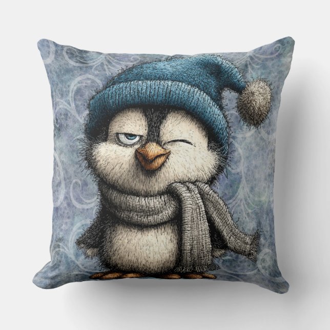 Cute Winter Blue Penguin With Hat And Scarf Throw Pillow (Front)