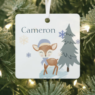 Cute Winter Boy Fawn Custom Name Metal Ornament