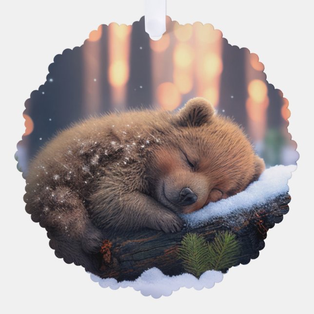 Cute Winter Brown Bear Sleeping On a Log Ornament Card (Front)