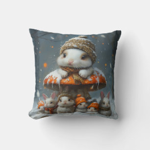 Cute Winter Bunnies with Mushroom Throw Toss Pillo Pillow