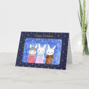 Cute Winter Bunny Rabbits Christmas Holiday Card