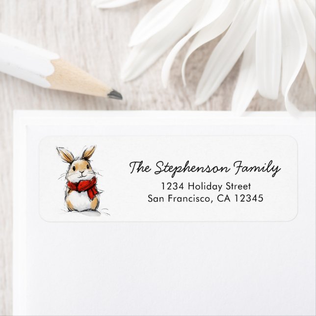 Cute Winter Bunny Sketch Return Address (En situation)
