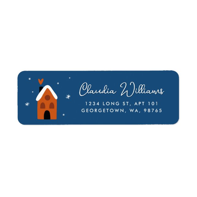 Cute Winter Cabin & Snowflakes Blue Return Address (Front)
