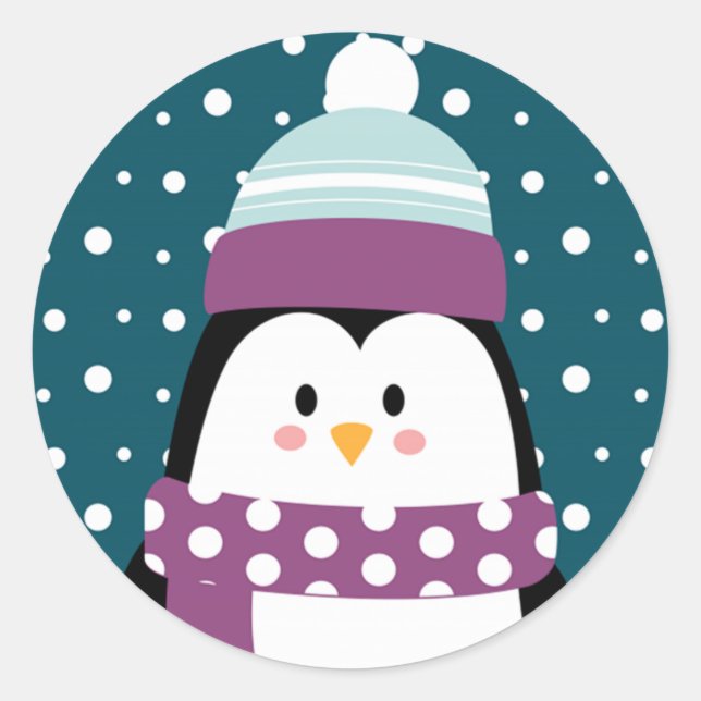 Cute Winter Cartoon Penguin Snowflake Classic Round Sticker (Front)
