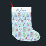 Cute Winter Cat Collage Small Christmas Stocking<br><div class="desc">Hand drawn pattern of cute cats wrapped up for winter,  snow cats,  trees and wool accessories.</div>