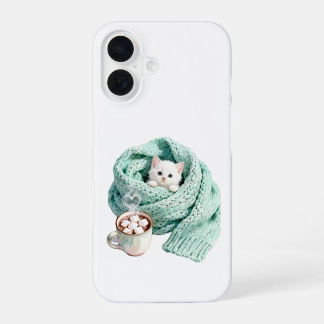 Cute Winter Cat Cozy Coffee Personalized iPhone 16 Case (Back)