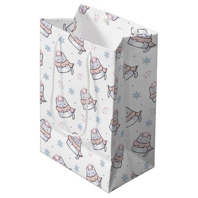 Cute Winter Cat Pattern with Scarves and Snowflake Medium Gift Bag (Front Angled)